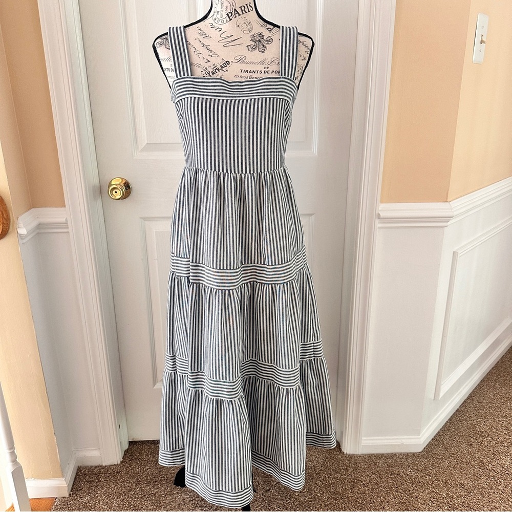MINE Boutique Linen Blend MIDI Dress‎ Blue White Stripe NWOT Sz Small lined